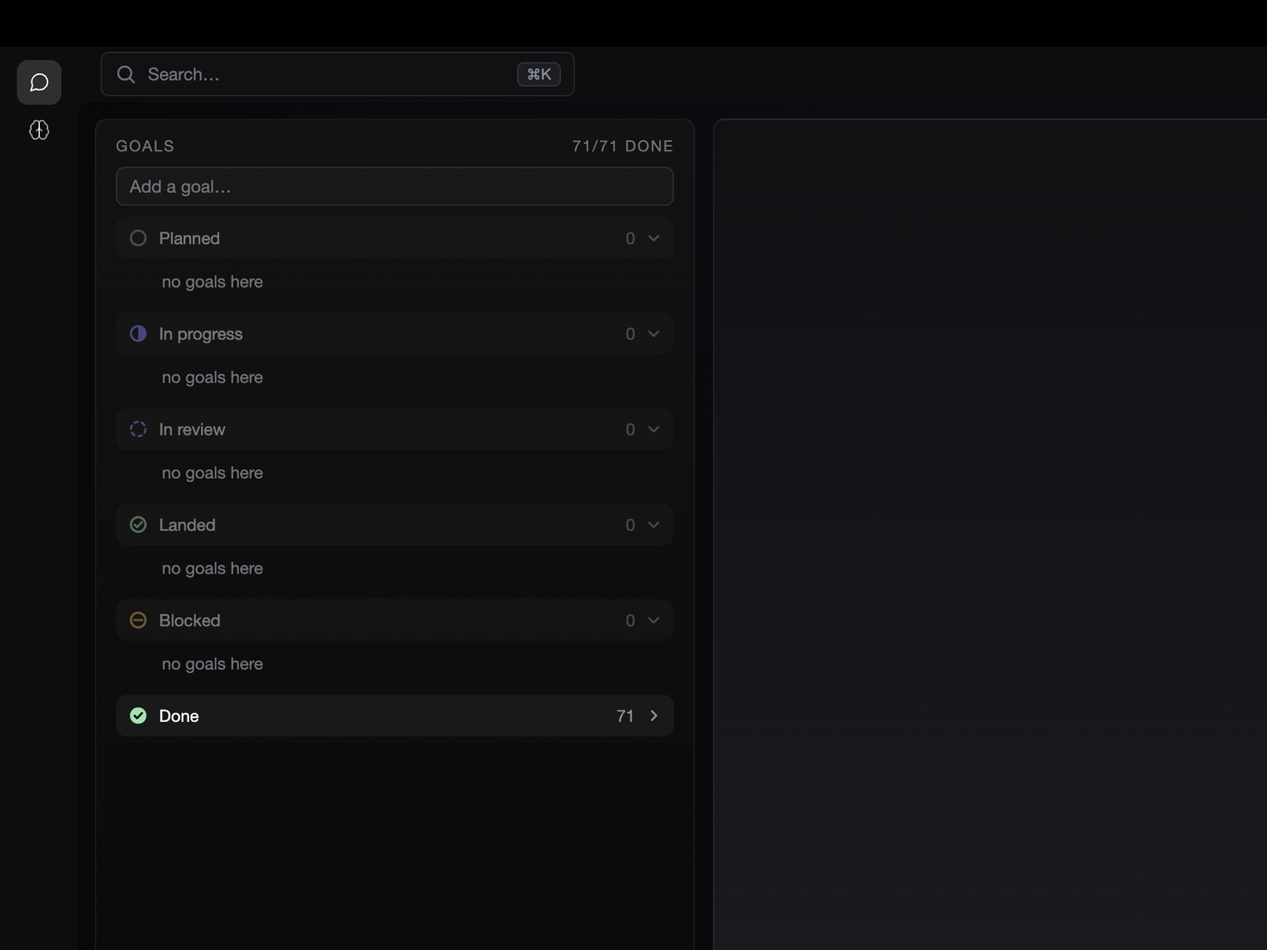 The Afora goal board: Planned, In progress, In review, Landed, Blocked and Done columns on a dark UI